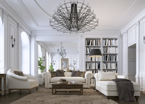 Remodeled living room with chandelier