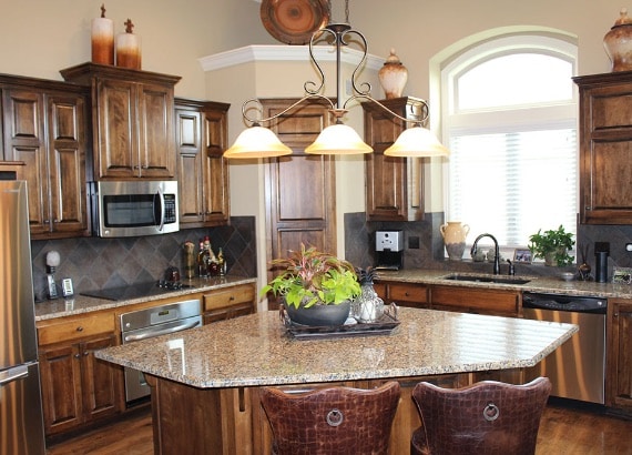 Kitchen with brown cabinets