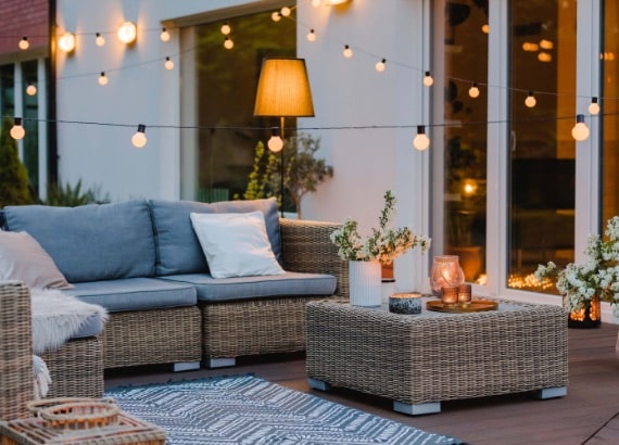 Backyard patio with lights